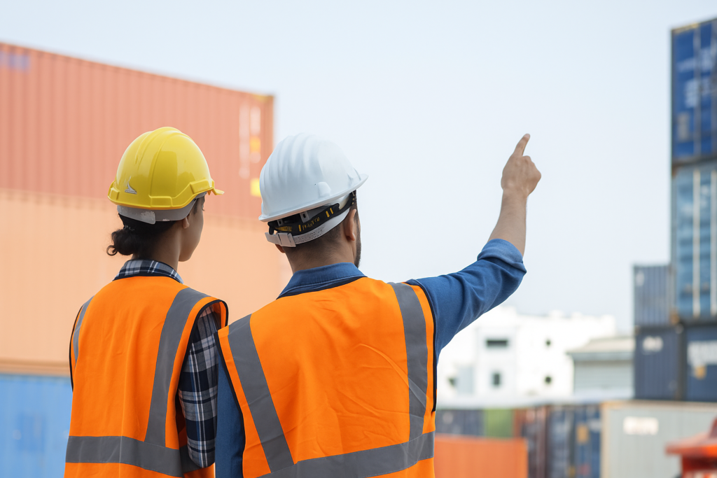 Two workers in safety helmets and orange vests discuss container site operations, symbolizing custom workforce services.