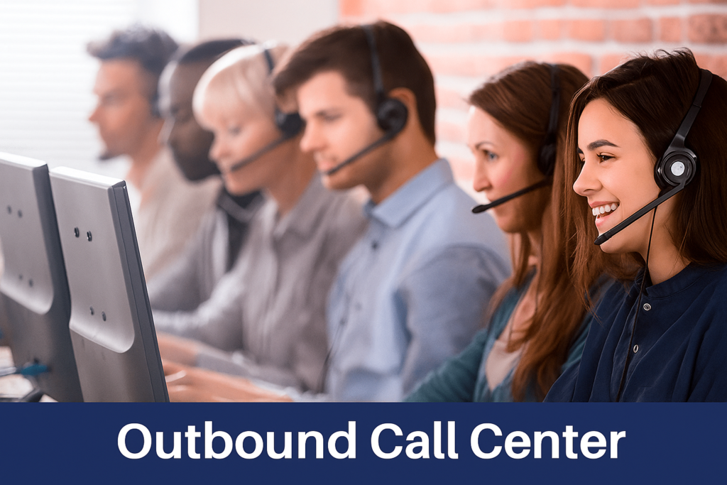 Professional outbound call center agents in UAE working with headsets at Meeras Tech, providing customer support.