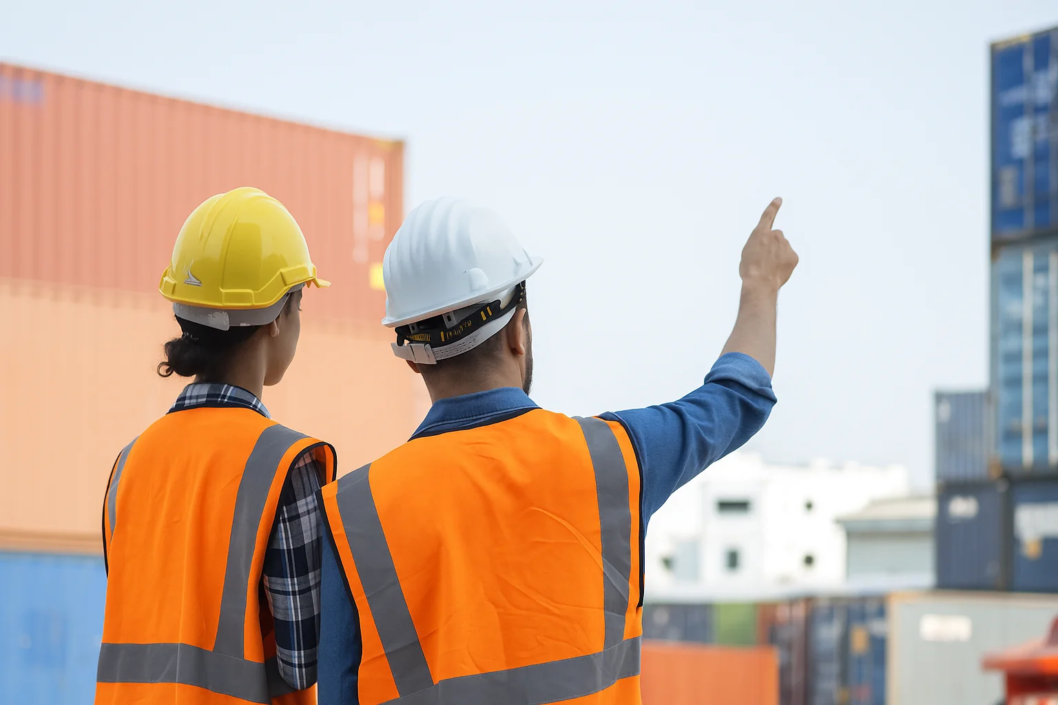 Two workers in safety helmets and orange vests discuss container site operations, symbolizing custom workforce services.